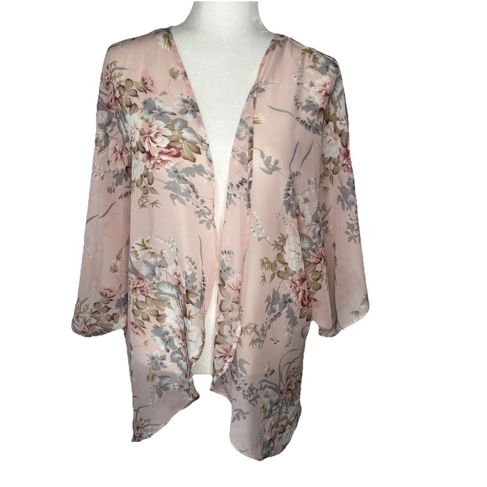 Kimono‎ Sheer Pink Gray White Floral 2XL Topper Beach Cover Up Cottage Romantic